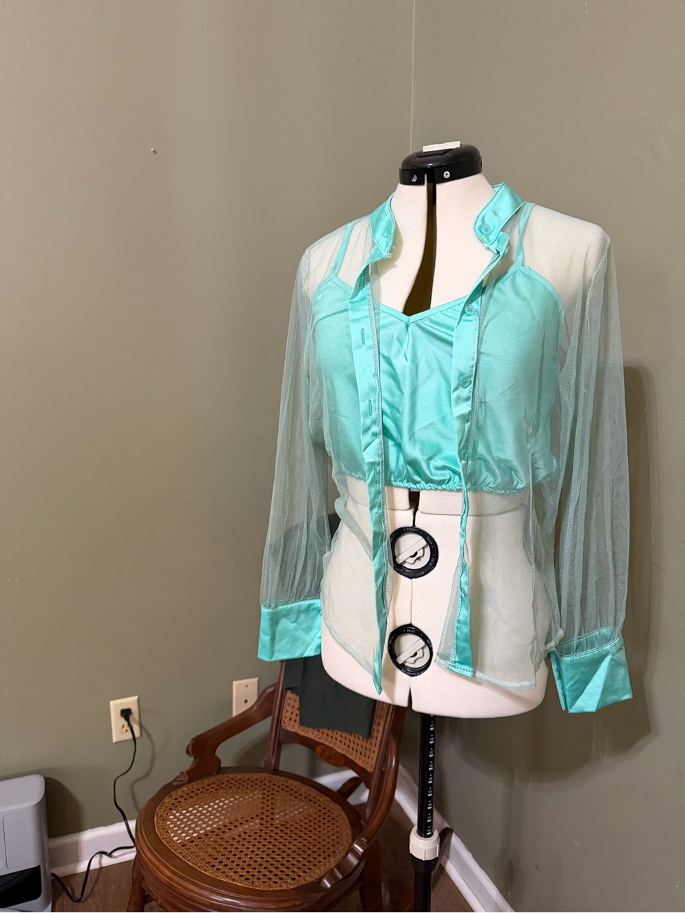 Sheer Aqua Mesh Button Up Blouse + Satin Cami Set Italian Made in Italy‎